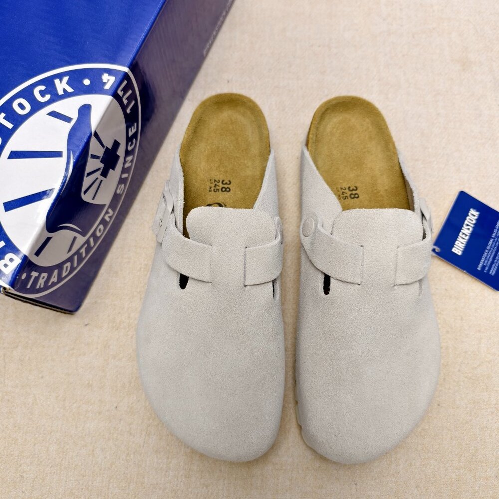 Women's White Suede Birkenstock Boston Shoes - Narrow Fit